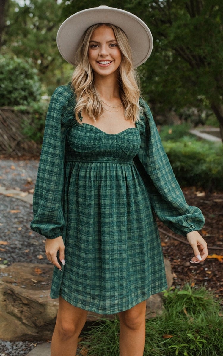 Plaid Fit and Flare Dress with Smocked Bodice Plaid Fit and Flare Dress with Smocked Bodice — Aesthetic Dark Green Dress