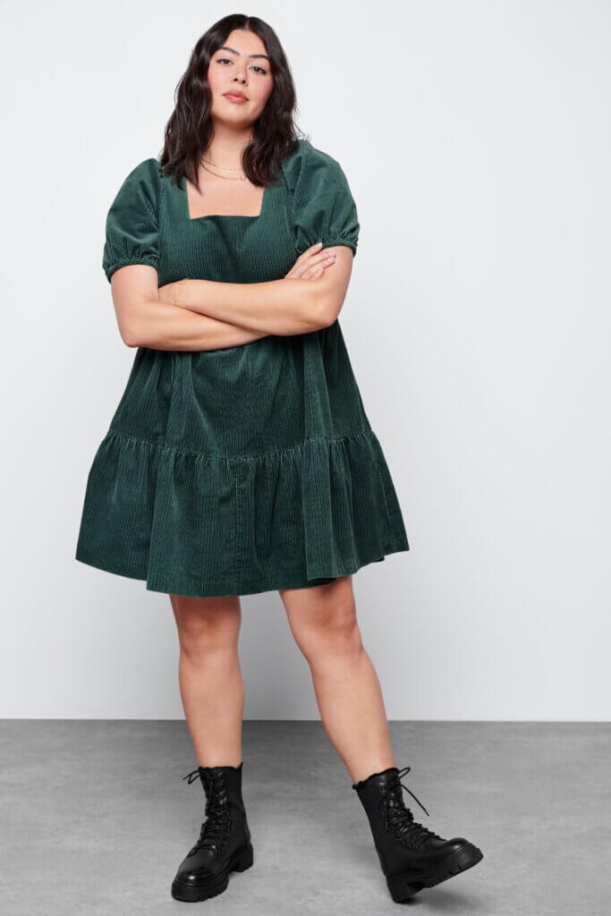 Corduroy Babydoll Dress with Tiered Skirt Corduroy Babydoll Dress with Tiered Skirt — Aesthetic Dark Green Dress