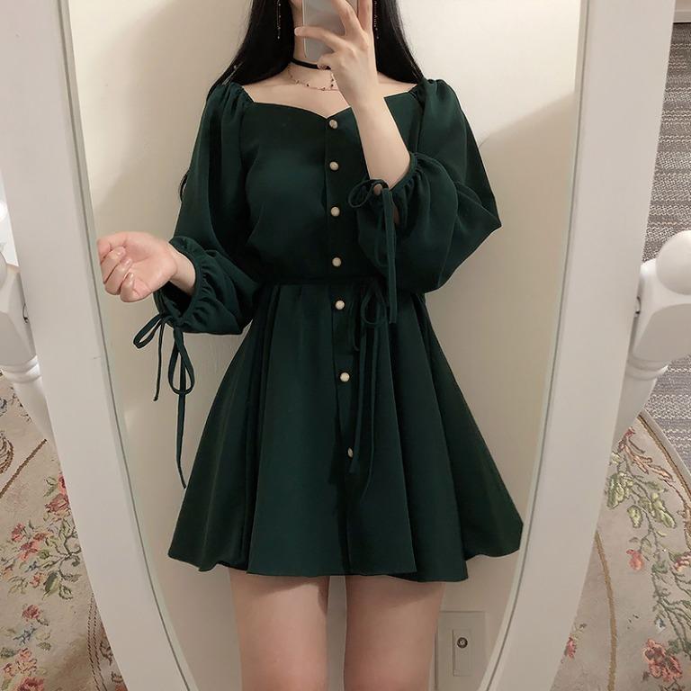 A-Line Mini Dress with Puff Sleeves and Tie Waist A-Line Mini Dress with Puff Sleeves and Tie Waist — Aesthetic Dark Green Dress