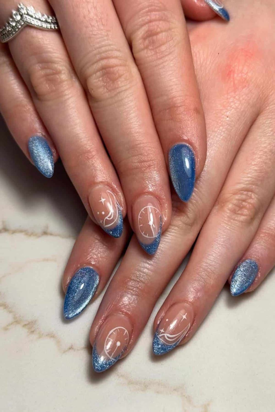 Short Almond Blue Cat-Eye Celestial Nails — Aesthetic Disney Nails