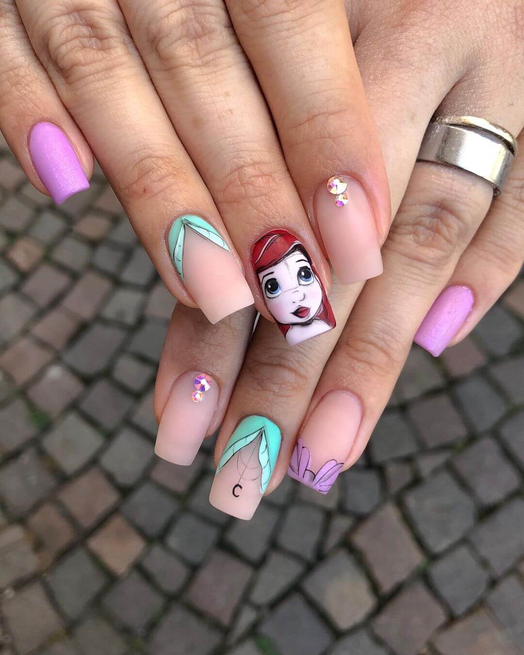 Short Square Ariel Portrait Mint Lines Nails — Aesthetic Disney Nails
