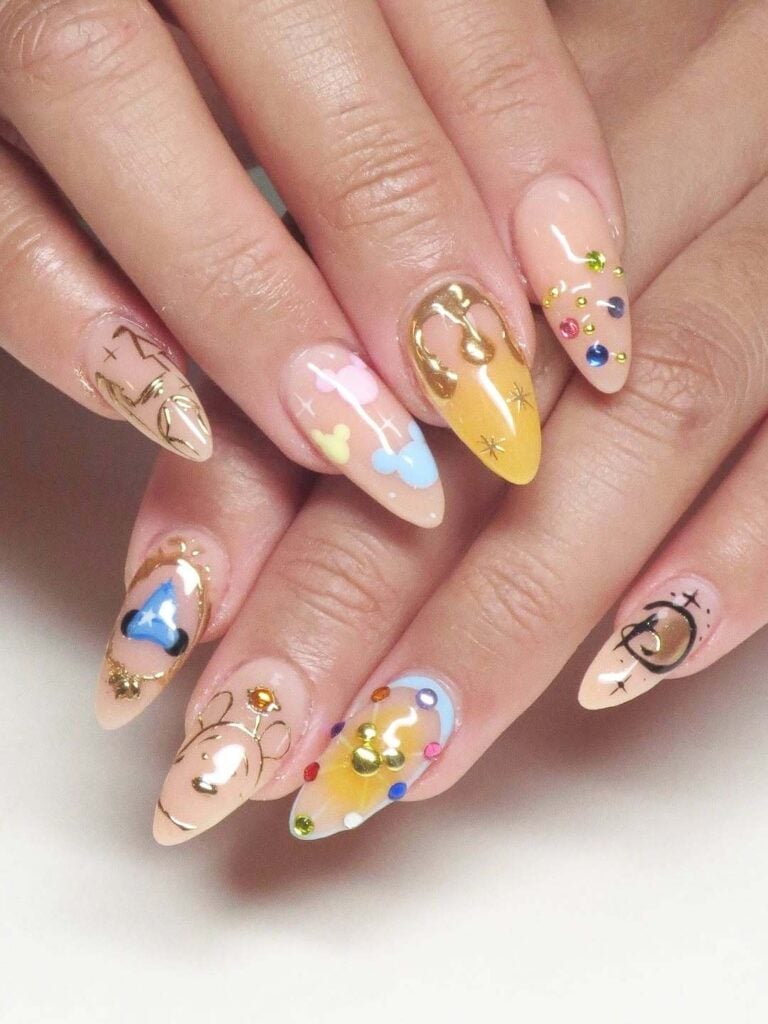 Long Stiletto Gold Mickey Mouse Character Nails — Aesthetic Disney Nails