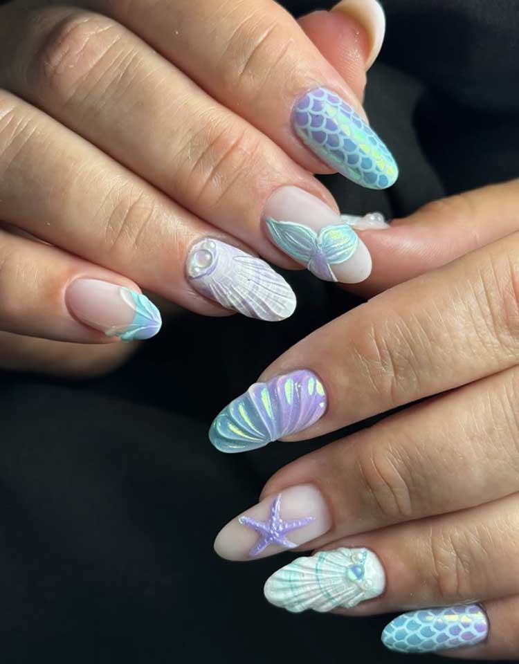Oval Pearlescent Mermaid Scale Shell Nails — Aesthetic Disney Nails
