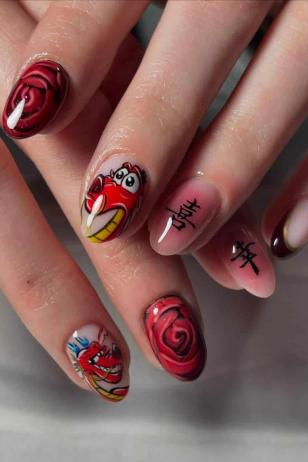 Medium Almond Mulan Dragon Chinese Character Nails — Aesthetic Disney Nails