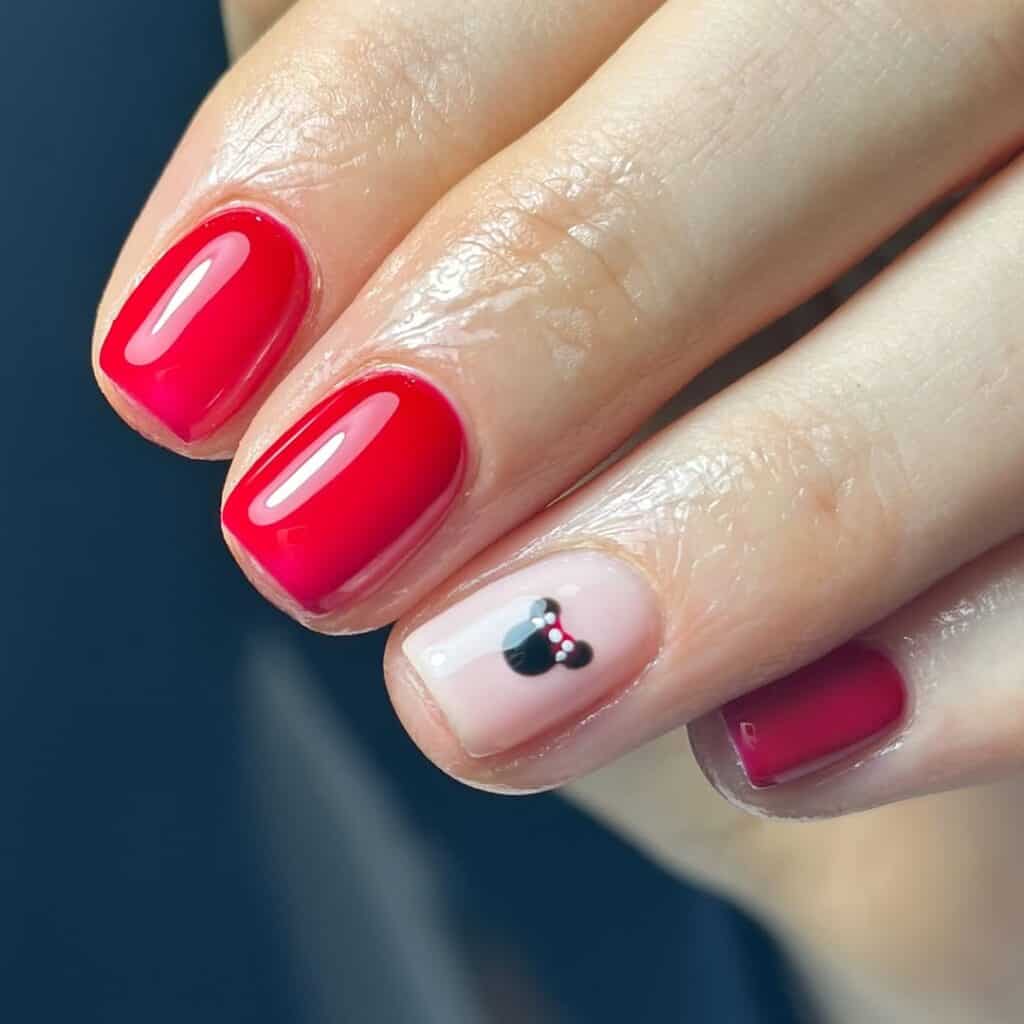 Short Almond Red Mickey Mouse Head Nails — Aesthetic Disney Nails