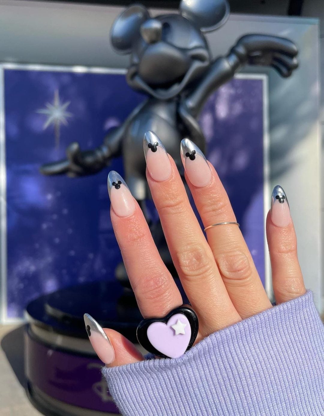 Almond Silver French Tip Mickey Mouse Nails — Aesthetic Disney Nails