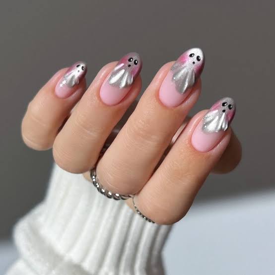 Medium Almond Pink Ghost Silver Black Nails — Aesthetic Disney Nails