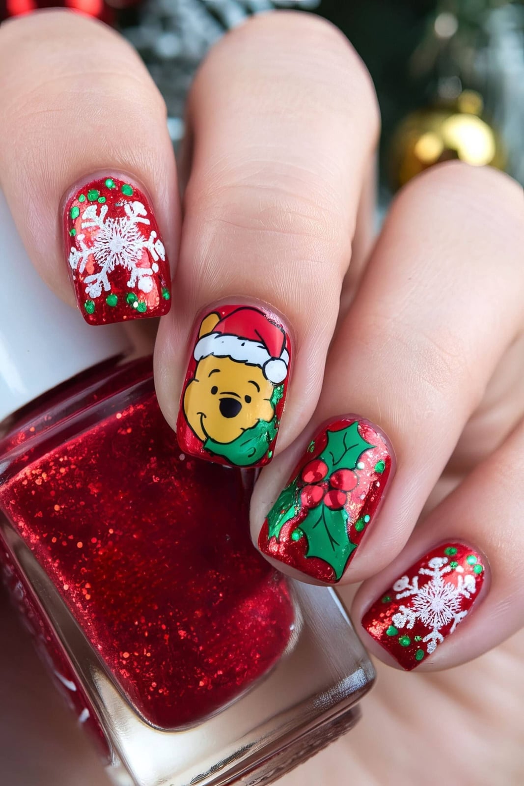 Short Square Red Glitter Winnie Pooh Snowflakes Nails — Aesthetic Disney Nails