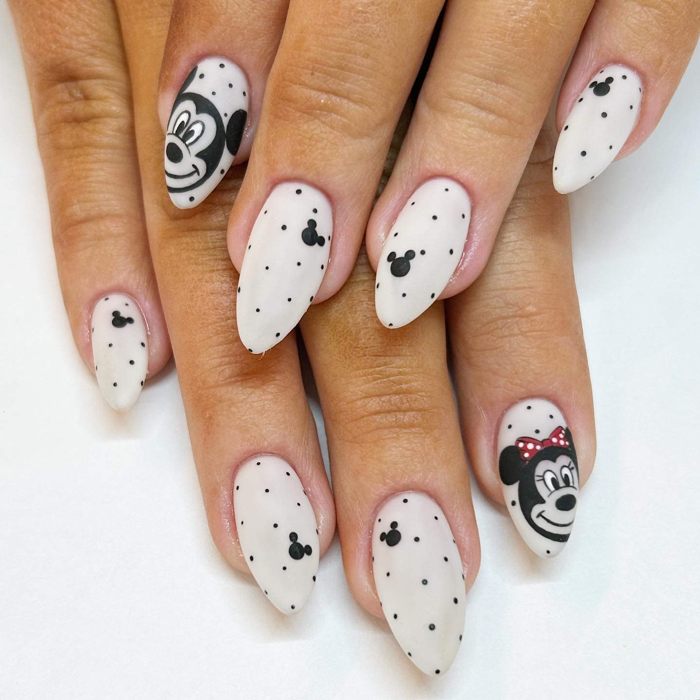 Medium Almond Matte Polka Dot Mickey Minnie Nails — Aesthetic Disney Nails