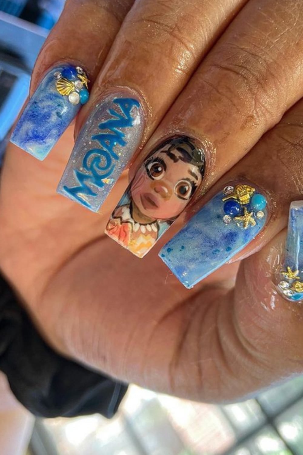 Long Coffin Moana Portrait Wave Shell Nails — Aesthetic Disney Nails