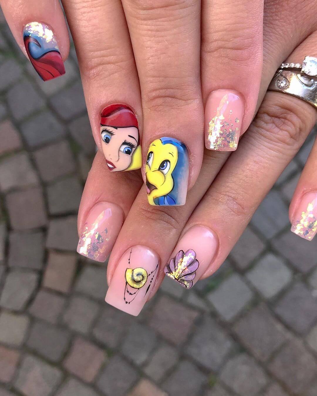Short Square Ariel Flounder Seashell Glitter Nails — Aesthetic Disney Nails