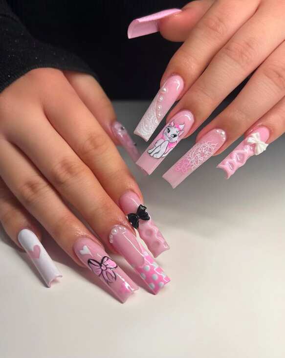 Long Square Pale Pink Marie Cat Lace Pearl Nails — Aesthetic Disney Nails