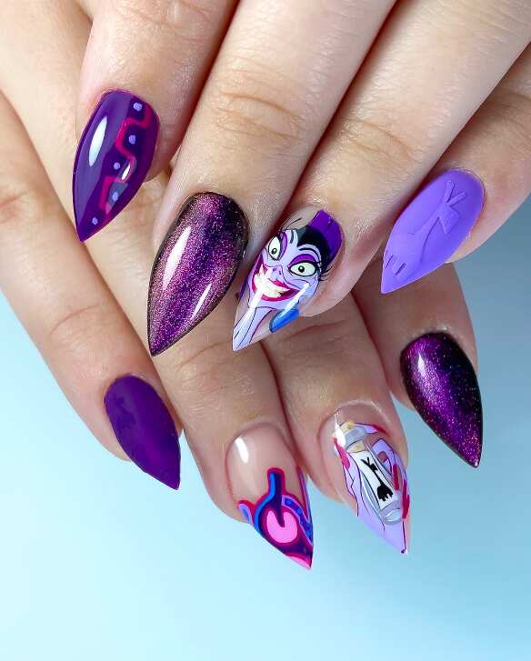 Medium Stiletto Shimmer Matte Purple Villain Nails — Aesthetic Disney Nails