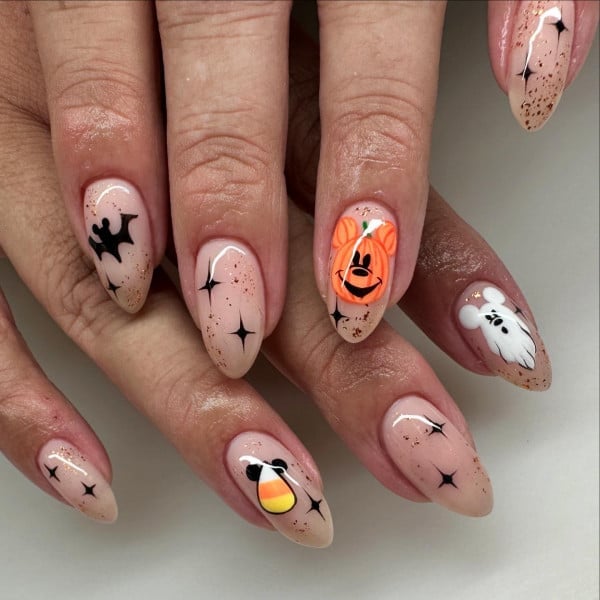 Long Almond Halloween Mickey Pumpkin Nails — Aesthetic Disney Nails