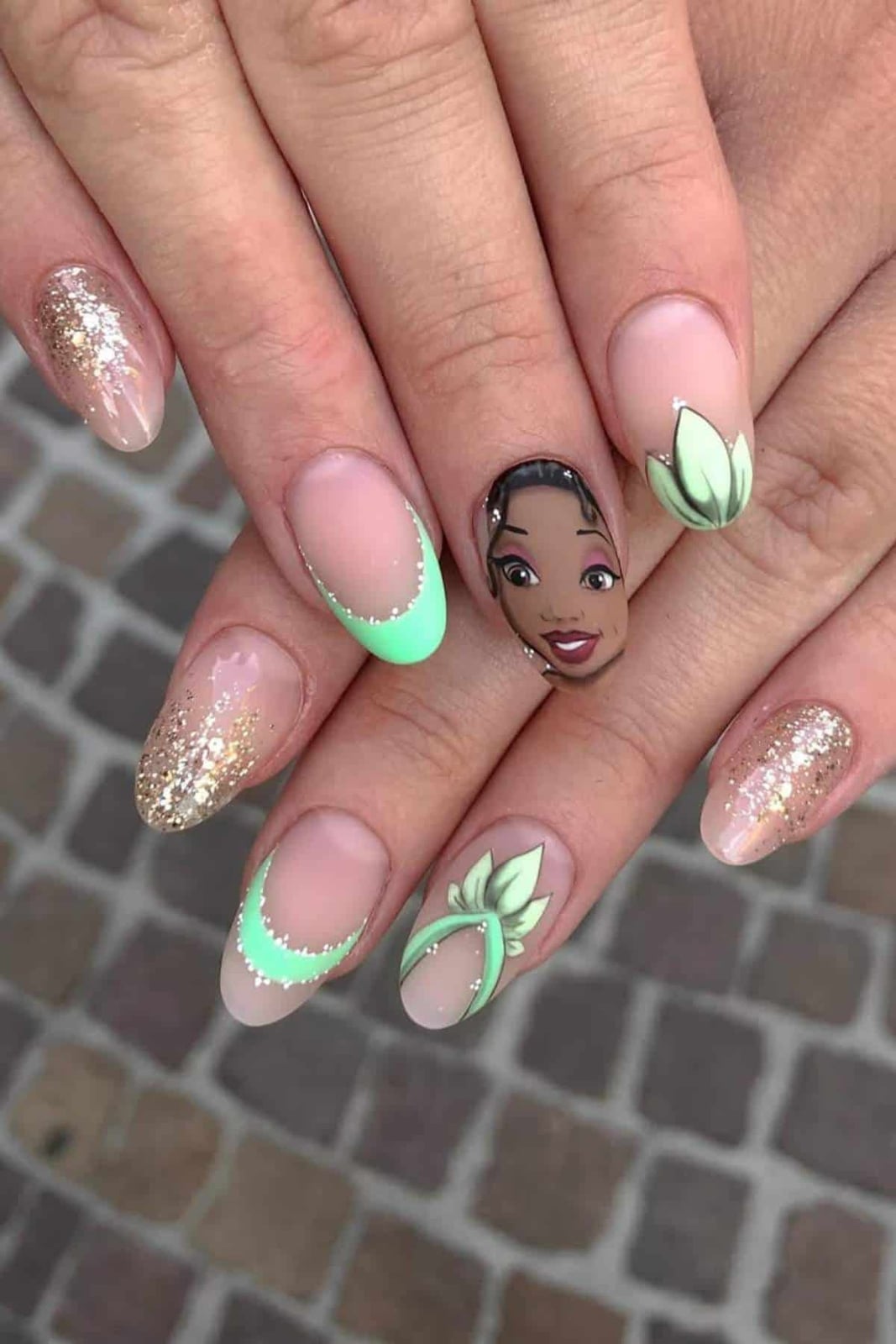 Oval Tiana Portrait Mint Green French Nails — Aesthetic Disney Nails