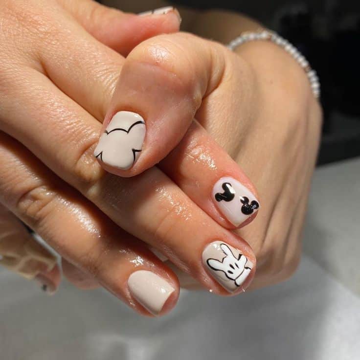 Short Square Nude Mickey Mouse Icon Nails — Aesthetic Disney Nails