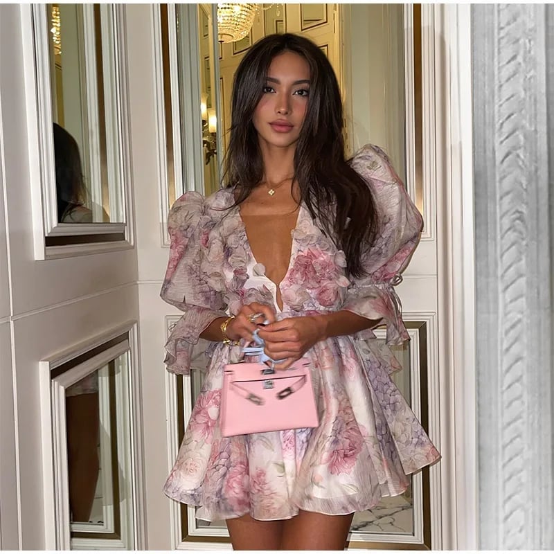 Floral Print Mini Dress with Voluminous Puff Sleeves Floral Print Mini Dress with Voluminous Puff Sleeves — Aesthetic Dress with Sleeves