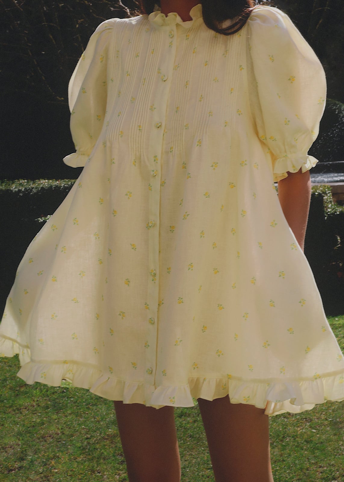 Pale Yellow Floral Print A-line Dress with Ruffled Details Pale Yellow Floral Print A-line Dress with Ruffled Details — Aesthetic Dress with Sleeves