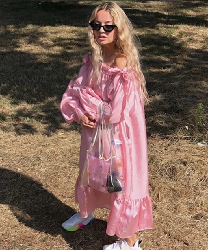 Shimmering Pink Off-the-Shoulder Dress with Tiered Hem Shimmering Pink Off-the-Shoulder Dress with Tiered Hem — Aesthetic Dress with Sleeves