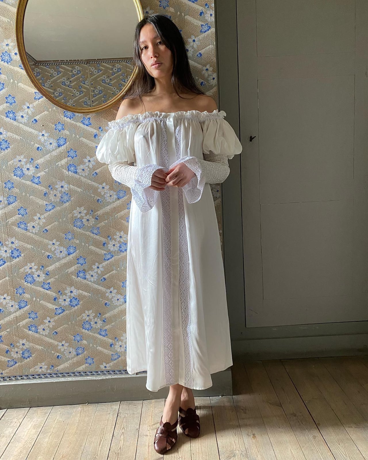 Ivory Off-the-Shoulder Dress with Lilac Lace Trim Ivory Off-the-Shoulder Dress with Lilac Lace Trim — Aesthetic Dress with Sleeves