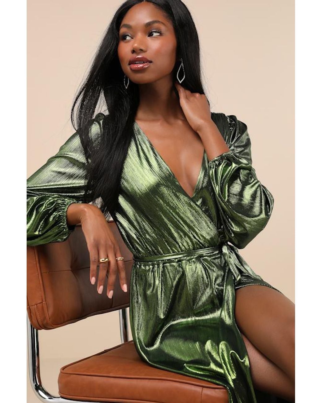 Metallic Green Wrap Dress with Voluminous Sleeves Metallic Green Wrap Dress with Voluminous Sleeves — Aesthetic Dress with Sleeves