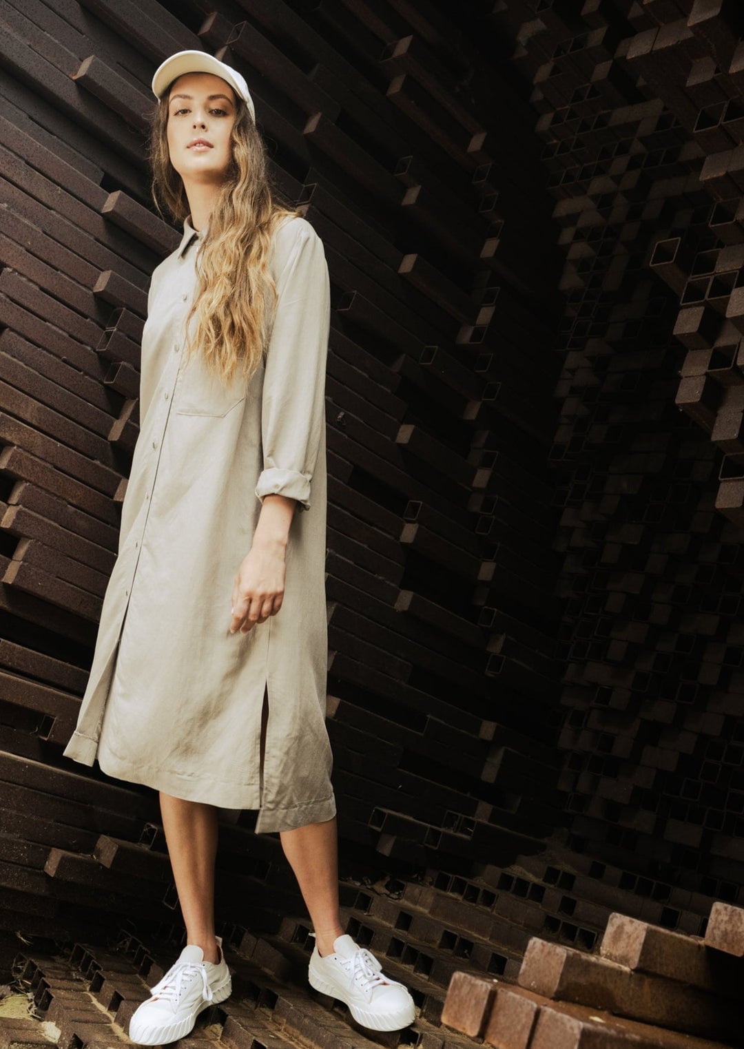 Beige Linen Blend Shirt Dress with Rolled-Up Sleeves Beige Linen Blend Shirt Dress with Rolled-Up Sleeves — Aesthetic Dress with Sleeves