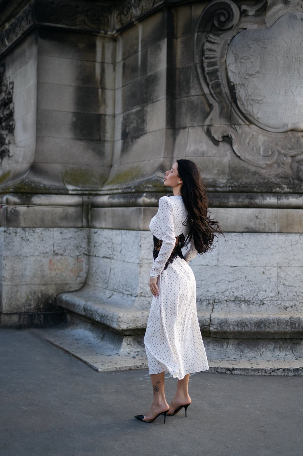 White Midi Dress with Black Lace Corset Belt White Midi Dress with Black Lace Corset Belt — Aesthetic Dress with Sleeves