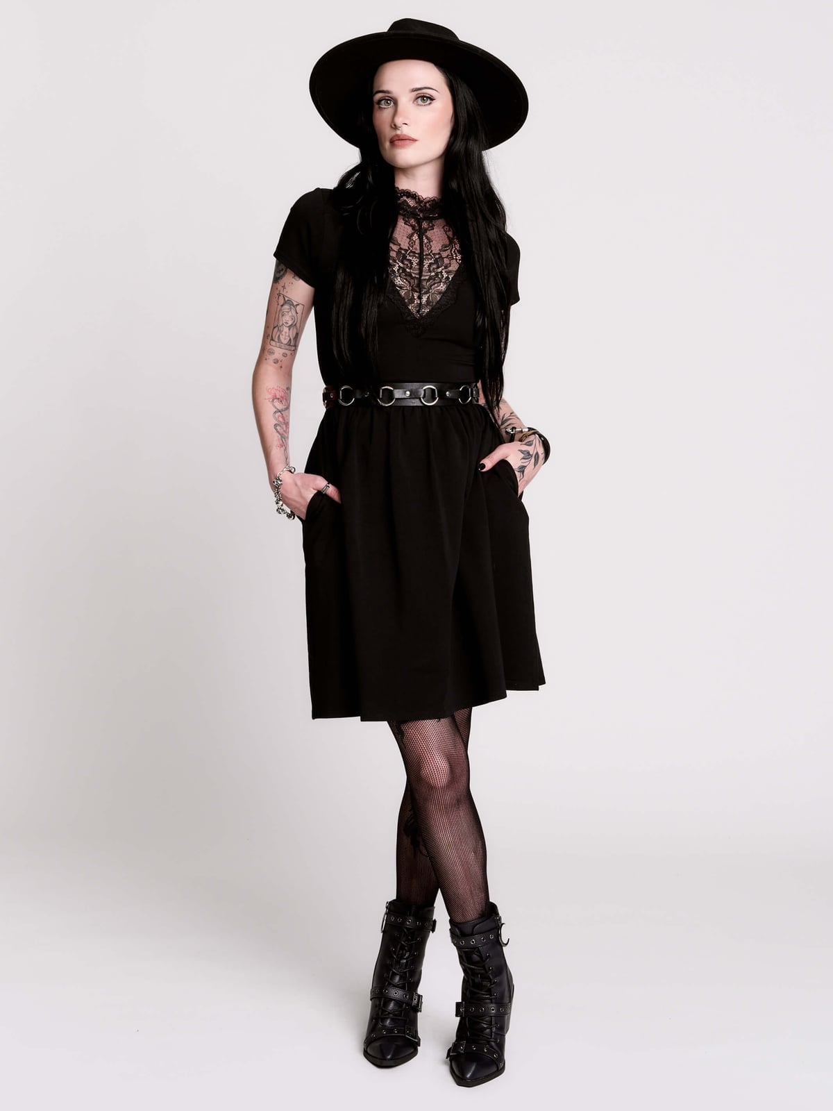 Black A-line Dress with Lace Neckline Detail Black A-line Dress with Lace Neckline Detail — Aesthetic Dress with Sleeves