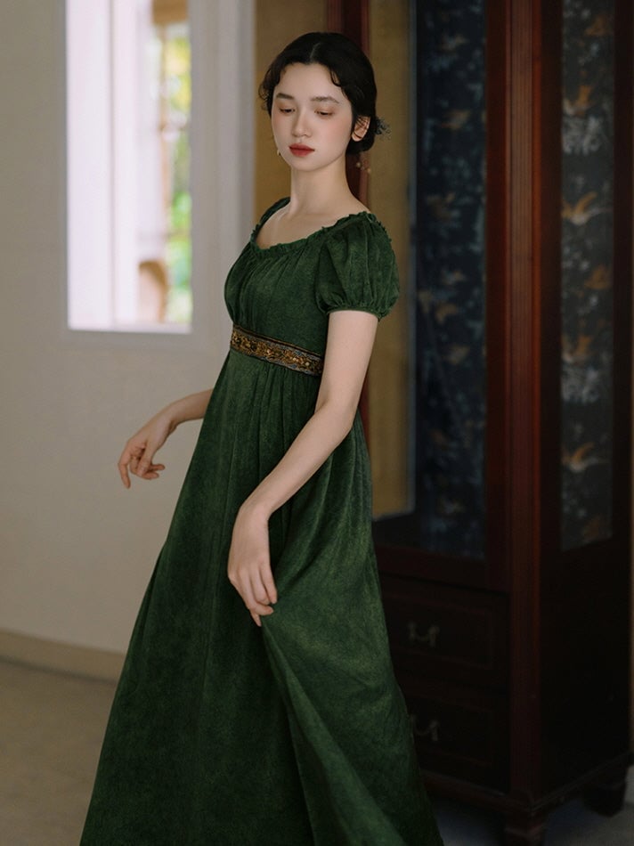 Dark Green Velvet Dress with Empire Waist Dark Green Velvet Dress with Empire Waist — Aesthetic Dress with Sleeves