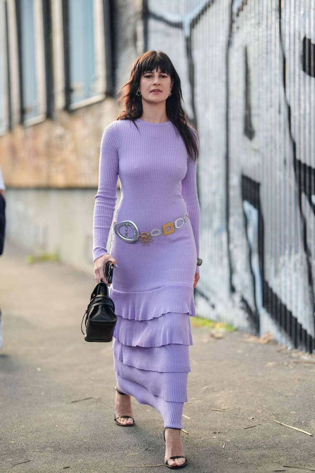 Lilac Ribbed Knit Dress with Tiered Ruffled Skirt Lilac Ribbed Knit Dress with Tiered Ruffled Skirt — Aesthetic Dress with Sleeves