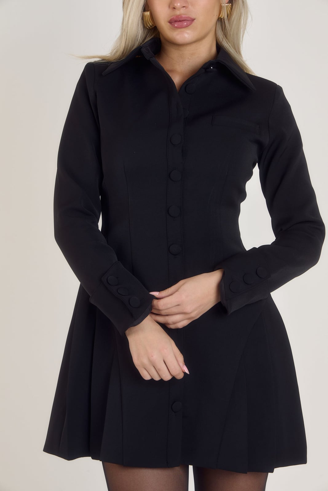 Black Fit and Flare Shirt Dress with Cuff Details Black Fit and Flare Shirt Dress with Cuff Details — Aesthetic Dress with Sleeves