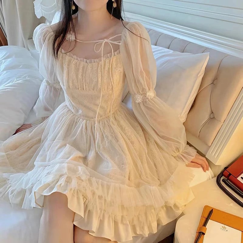 Cream Sheer Organza Mini Dress with Puffy Sleeves Cream Sheer Organza Mini Dress with Puffy Sleeves — Aesthetic Dress with Sleeves