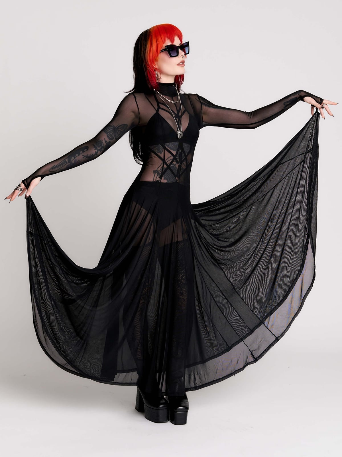 Black Sheer Mesh Dress with Corset Detail Black Sheer Mesh Dress with Corset Detail — Aesthetic Dress with Sleeves