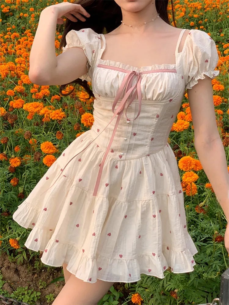 Cream Cotton Milkmaid Dress with Heart Print and Puff Sleeves Cream Cotton Milkmaid Dress with Heart Print and Puff Sleeves — Aesthetic Dress with Sleeves