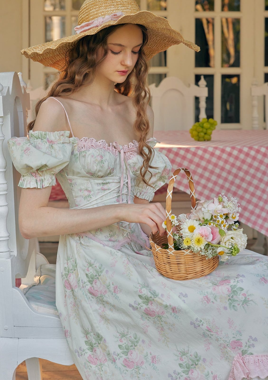 Cream Corset Dress with Floral Print and Lace Trim Cream Corset Dress with Floral Print and Lace Trim — Aesthetic Dress with Sleeves