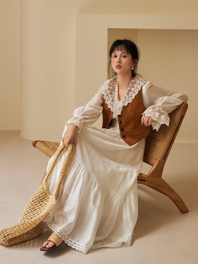 White Lace Embroidered Dress with Brown Suede Vest — Aesthetic Feminine Outfits