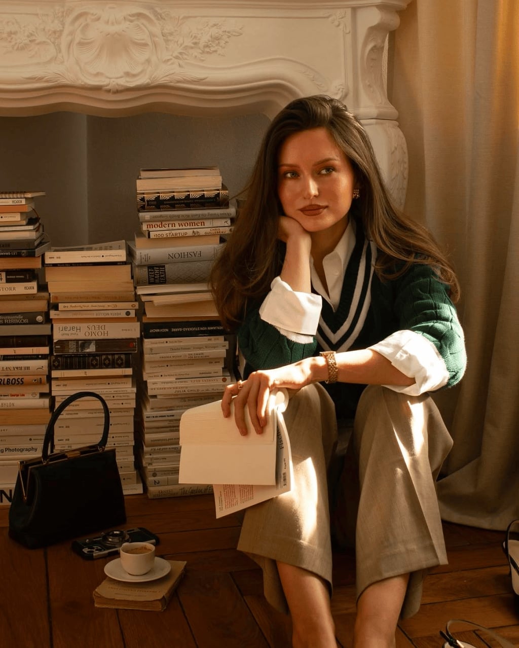 Green Striped Cardigan Vest Over White Shirt and Beige Trousers — Aesthetic Feminine Outfits