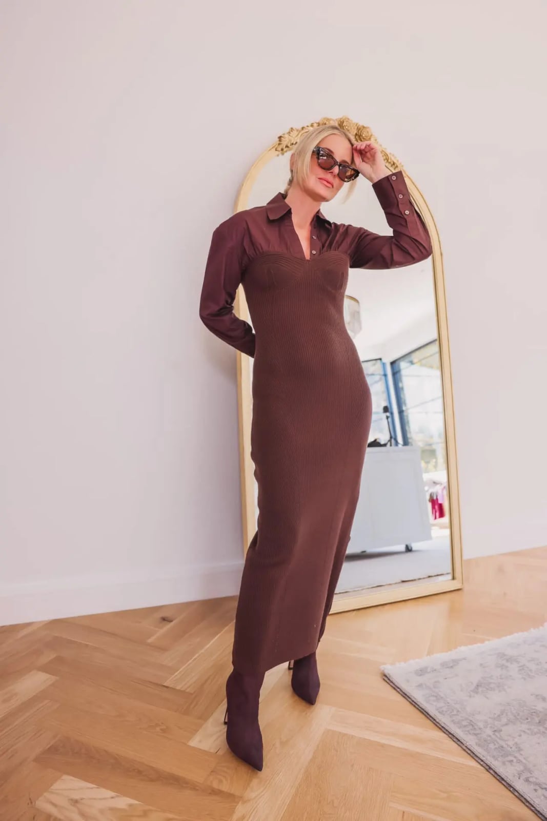Brown Shirt Dress with Ribbed Knit Overlay — Aesthetic Feminine Outfits