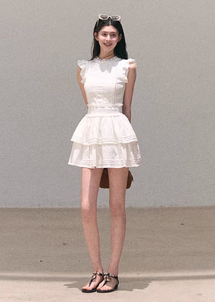 White Ruffled Lace Mini Dress with Tiered Skirt — Aesthetic Feminine Outfits