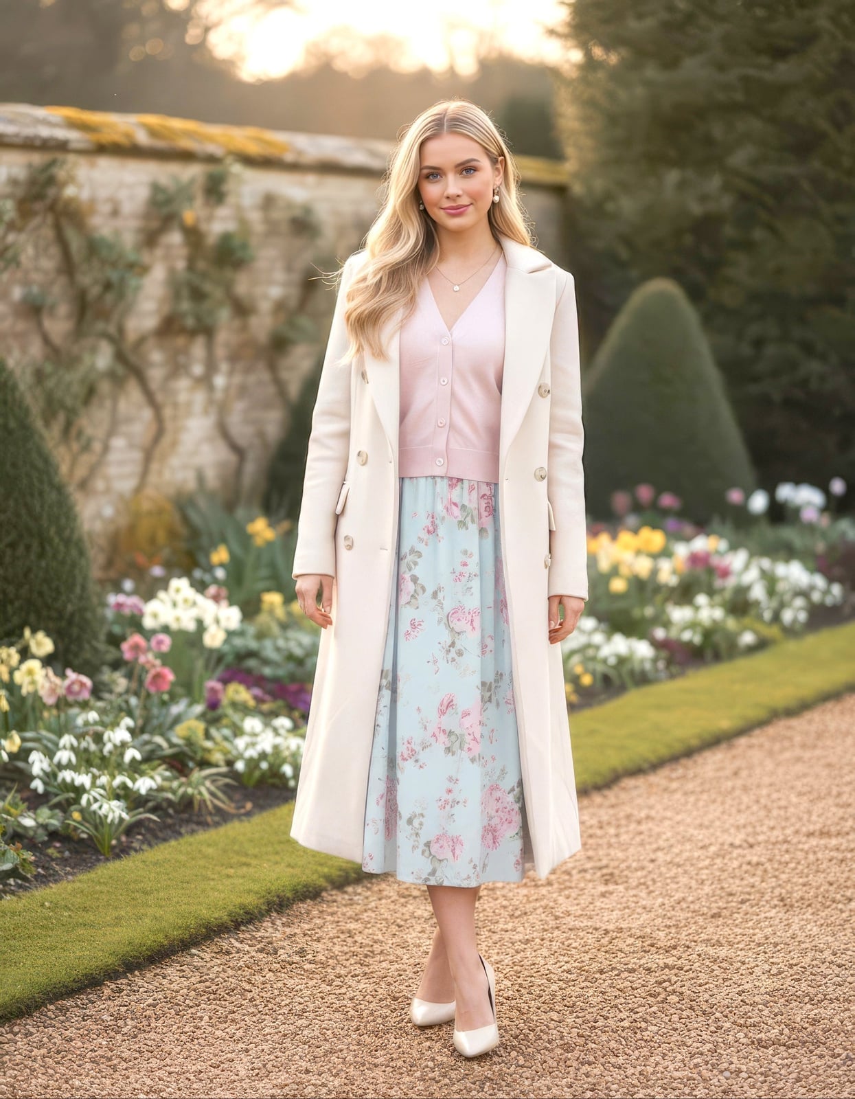 Cream Double-Breasted Coat Over Floral Skirt and Cardigan — Aesthetic Feminine Outfits