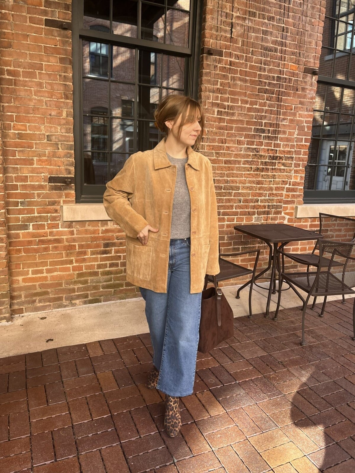 Tan Suede Jacket Over Gray Sweater and Wide-Leg Jeans — Aesthetic Feminine Outfits