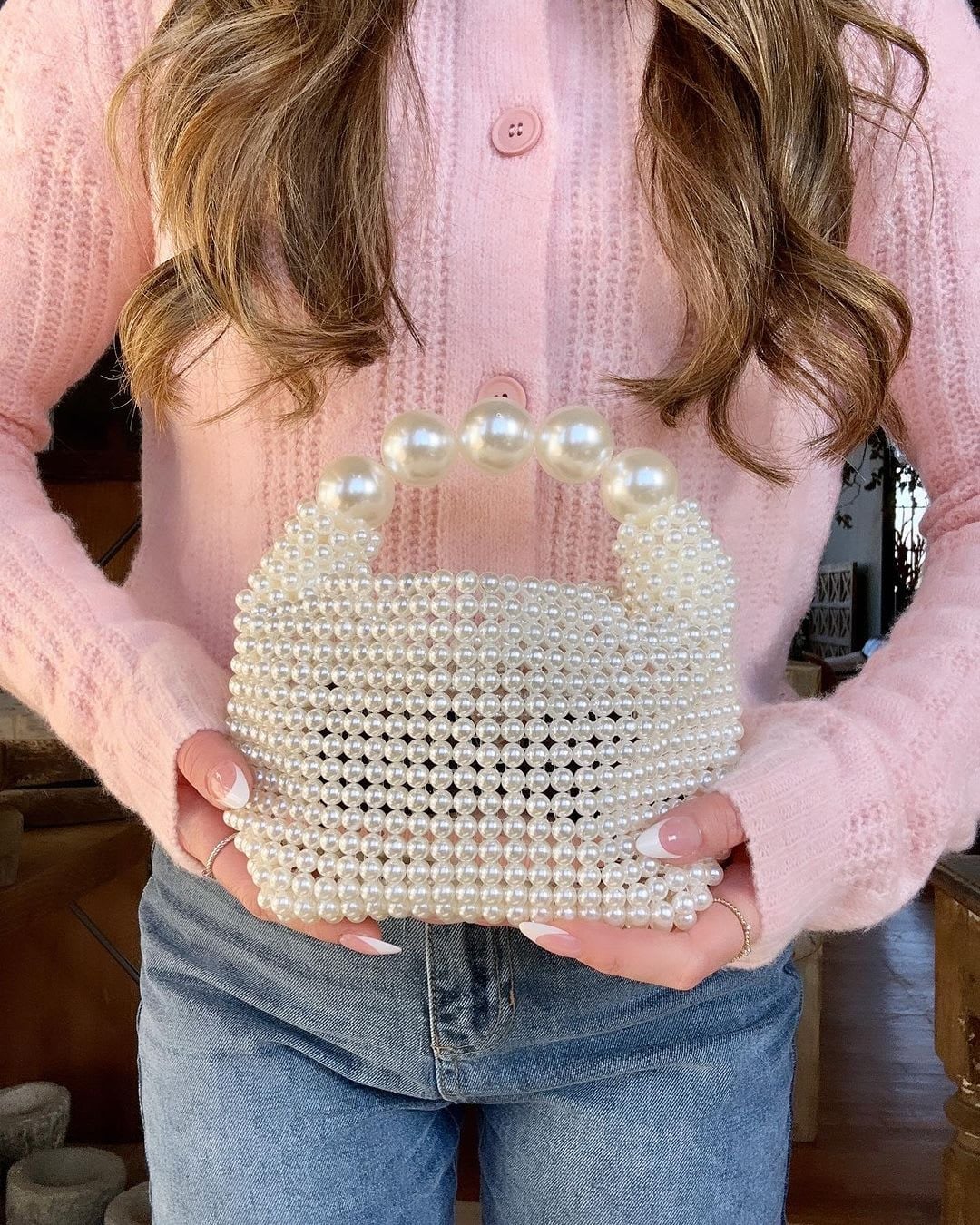 Pink Fuzzy Cardigan with Pearl Handbag — Aesthetic Feminine Outfits
