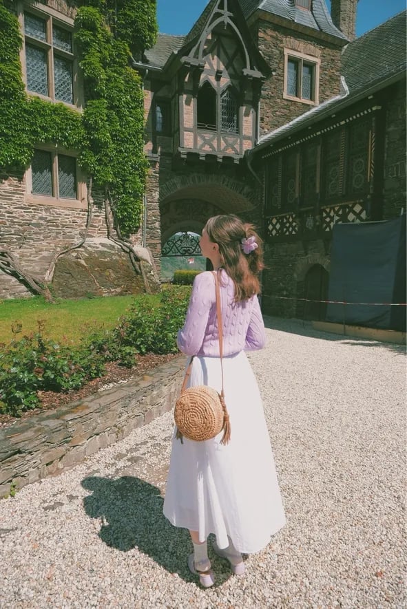 Lavender Knit Cardigan with White Midi Skirt — Aesthetic Feminine Outfits