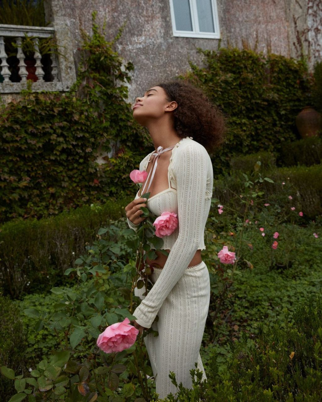 Cream Textured Knit Cardigan Set with Pink Ribbon — Aesthetic Feminine Outfits