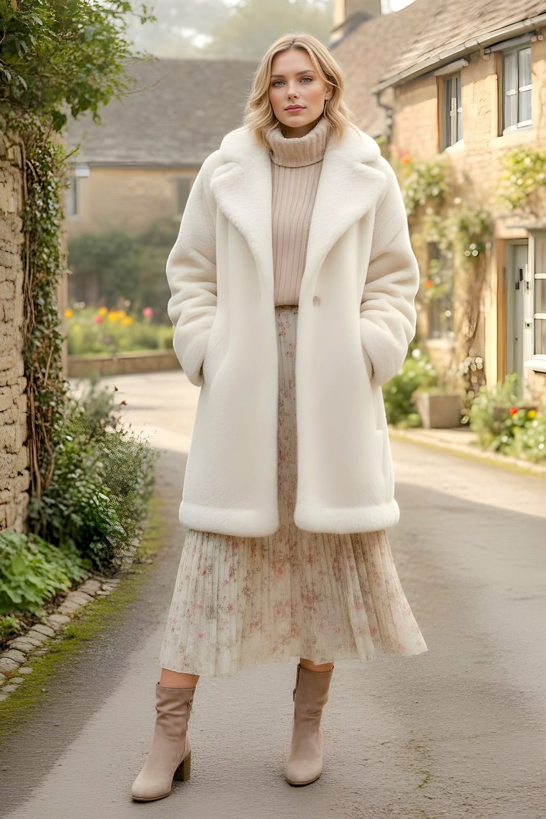 Cream Faux Fur Coat Over Floral Print Midi Skirt — Aesthetic Feminine Outfits