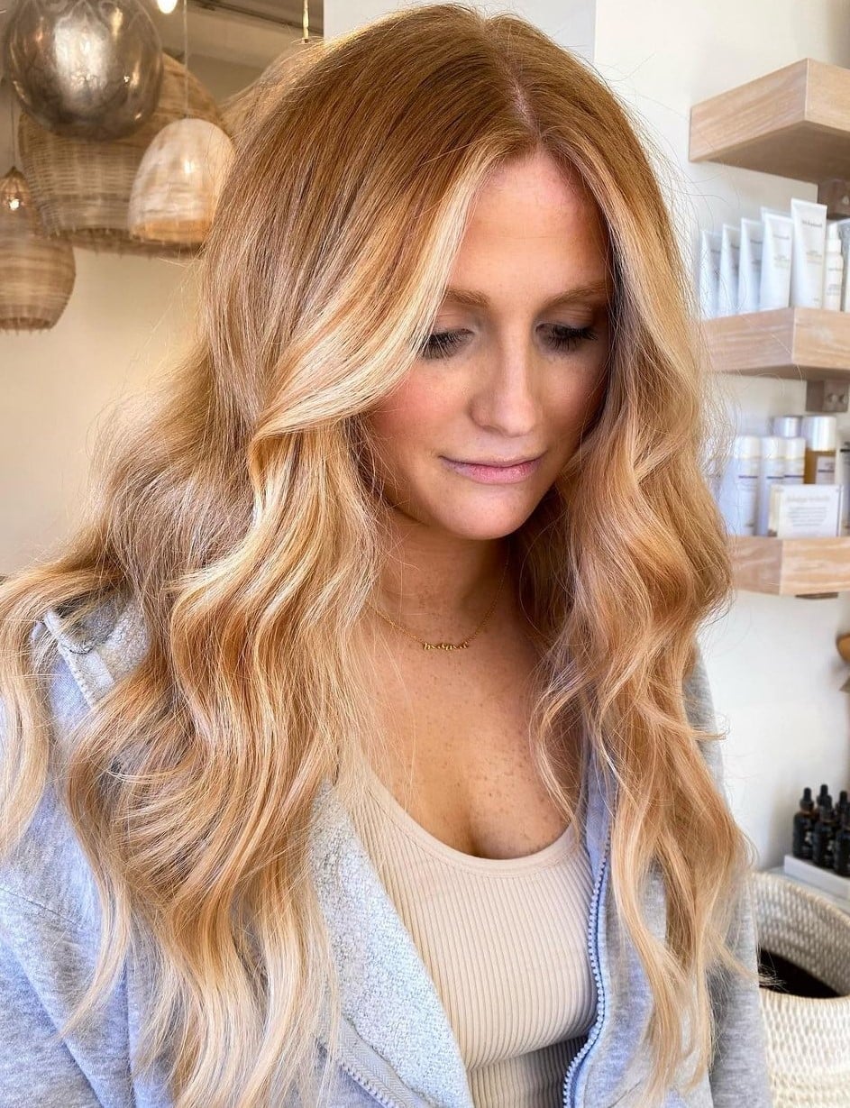 Mid-Back Strawberry Blonde Balayage With Curtain Bangs Mid-Back Strawberry Blonde Balayage With Curtain Bangs — Aesthetic Ginger Hair