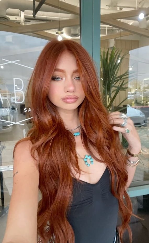 Long Deep Copper Ginger With Soft Waves Long Deep Copper Ginger With Soft Waves — Aesthetic Ginger Hair
