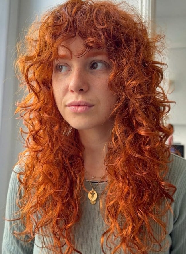 Mid-Back Vibrant Ginger Copper Curls With Full Bangs Mid-Back Vibrant Ginger Copper Curls With Full Bangs — Aesthetic Ginger Hair