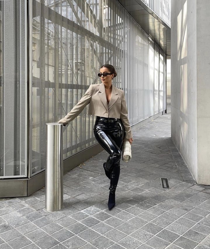 Shiny Black Patent Trousers With Cropped Blazer — Aesthetic Going Out Outfits Night
