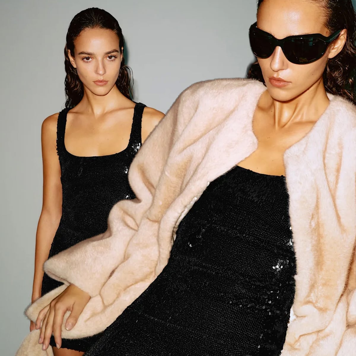 Black Sequin Mini Dress With Fluffy Cardigan — Aesthetic Going Out Outfits Night